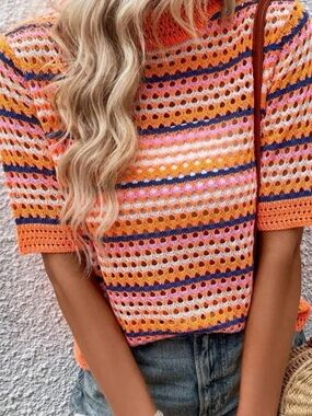 SHEIN Bright Orange Open-Knit Multicolor Stripe Top